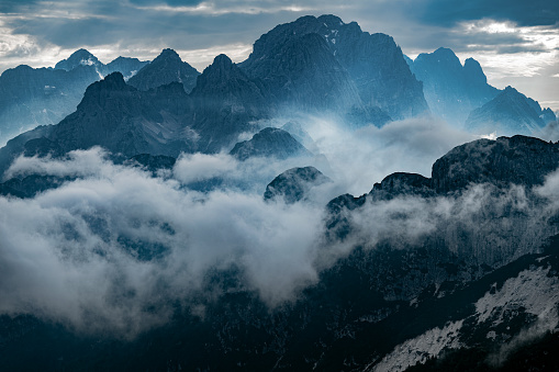 View of Mount Montaž and Viš from Mount Mangart,Layers of silhouettes of mountain ridges and peaks in the Italian Alps, Primorska, Julian Alps, Slovenia,Europe,Nikon D850