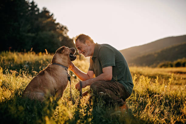 uomo anziano che cammina con il suo cane - dog animal pets profile foto e immagini stock