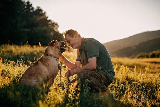 Photo of Senior man walking his dog