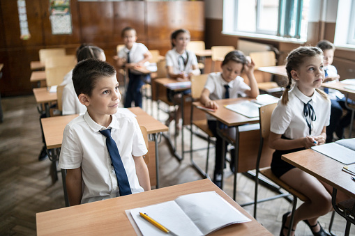 Little kids paying attention to the lesson in class