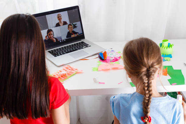 istock Learning from home, Home school kid concept. Little children study online learning from home with laptop. Quarantine and Social distancing concept. 1263171033