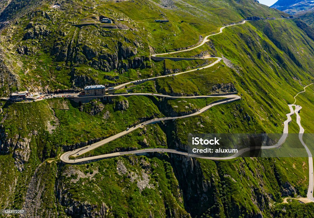 The Furka Pass in Switzerland Aerial view European Alps Stock Photo