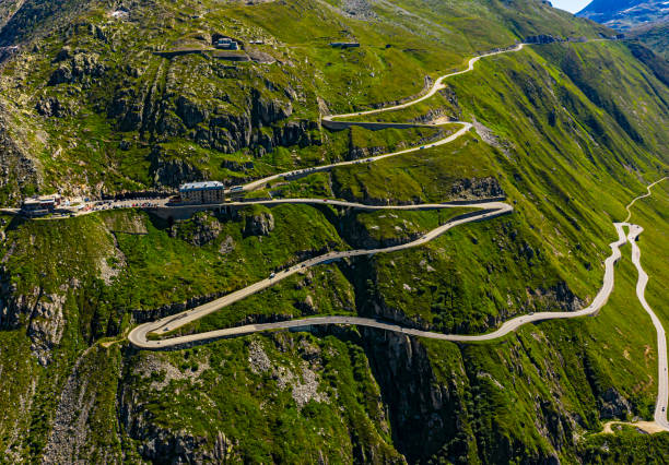 The Furka Pass in Switzerland Aerial view The Furka Pass in Switzerland Aerial view furka pass photos stock pictures, royalty-free photos & images