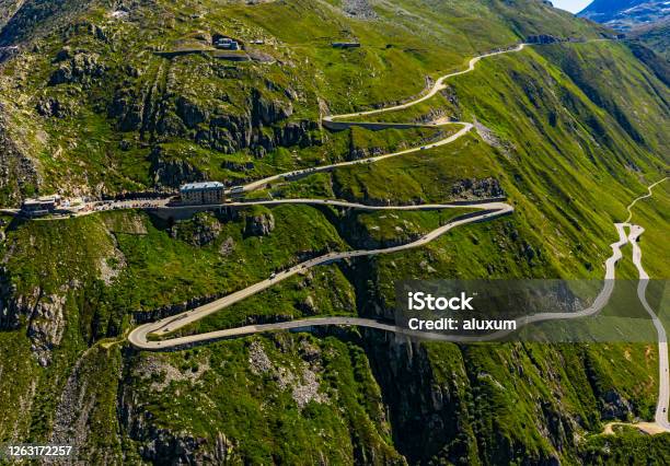 The Furka Pass In Switzerland Aerial View Stock Photo - Download Image Now - European Alps, Road, Curve