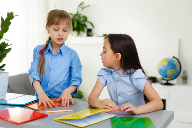 Learning from home, Home school kid concept. Little children study online learning from home with laptop. Quarantine and Social distancing concept.
