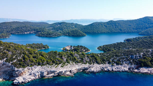 Aerial drone shot of National park on island Mljet in Croatia Scenic forest covered island Mljet with beaches, caves & national parkland for hiking and exploring. The oldest pine forest in Europe adriatic sea stock pictures, royalty-free photos & images