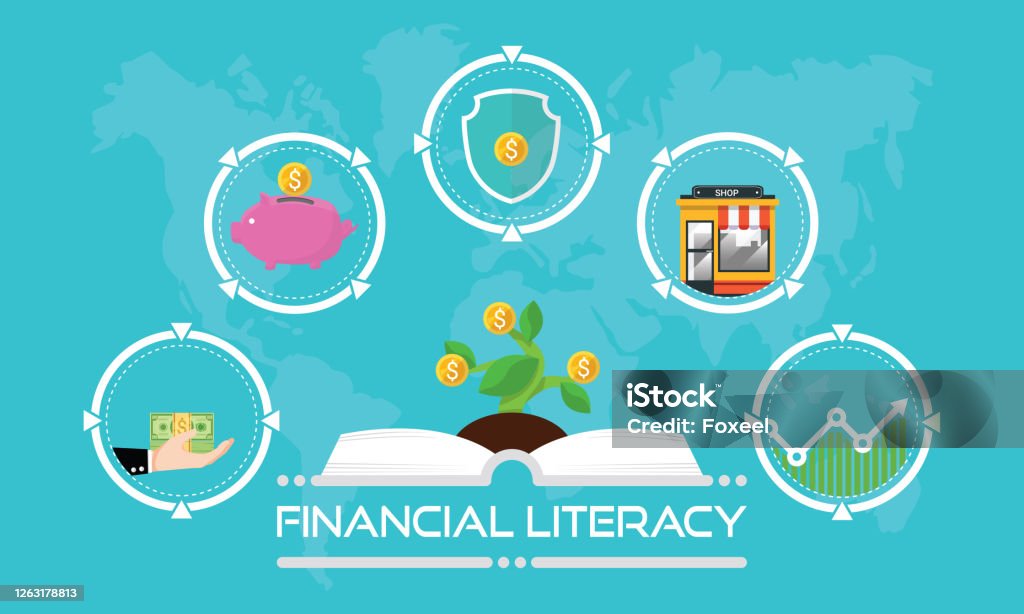 Financial literacy course concept. design by opened book for wealth growth by knowledge of cash reserves, savings money, protect fund, invest in business and stock market investment. Vector illustration Financial literacy course concept. design by opened book for wealth growth by knowledge of cash reserves, savings money, protect fund, invest in business and stock market investment. Vector illustration. Financial Literacy stock vector