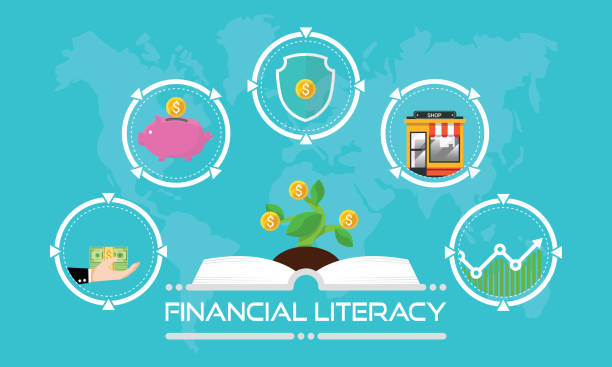 Financial literacy course concept. design by opened book for wealth growth by knowledge of cash reserves, savings money, protect fund, invest in business and stock market investment. Vector illustration Financial literacy course concept. design by opened book for wealth growth by knowledge of cash reserves, savings money, protect fund, invest in business and stock market investment. Vector illustration. financial literacy vector stock illustrations