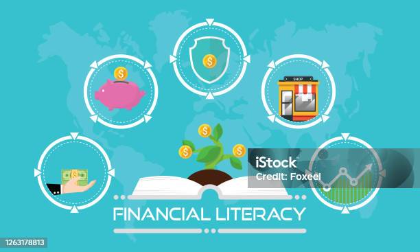 Financial Literacy Course Concept Design By Opened Book For Wealth Growth By Knowledge Of Cash Reserves Savings Money Protect Fund Invest In Business And Stock Market Investment Vector Illustration Stock Illustration - Download Image Now