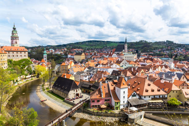 istock View over Krumlov in Bohemia with lake Vlatva 1263179739