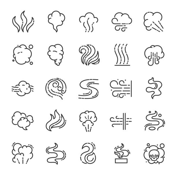 Steam, smoke, smell, icon set. Clouds of different shapes, linear icons. Line. Editable stroke Steam, smoke, smell, icon set. Clouds of different shapes, linear icons. Line with editable stroke fumes stock illustrations