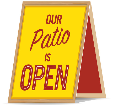 Vector illustration of a typography design signage for businesses that want to advertise Patio Open for customers.  Print ready jpg included with EPS 10 vector download.