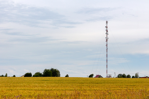 Telecommunication tower with signal amplifiers for mobile communications and antennas is installed in a rural area on a grassy field with trees. Modern tech landscape in the countryside