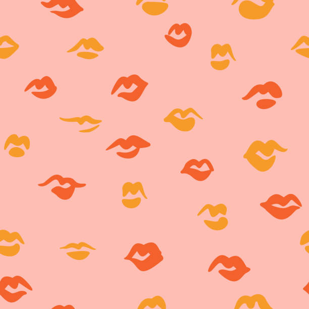 ilustrações de stock, clip art, desenhos animados e ícones de red lips seamless pattern. doodle lip kiss background. retro fashion glamour print. - lipstick kiss