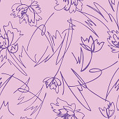 istock Simple nature floral background. Seamless pattern with hand drawn flowers. Line art .Contour drawing. Sketch style. Fashion design for your textile and fabric, wrapping, any surface. 1263215541