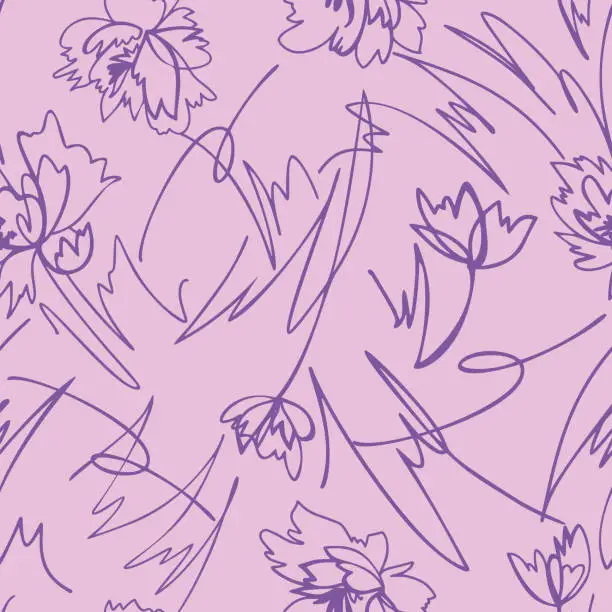 Vector illustration of Simple nature floral background. Seamless pattern with hand drawn flowers. Line art .Contour drawing. Sketch style. Fashion design for your textile and fabric, wrapping, any surface.