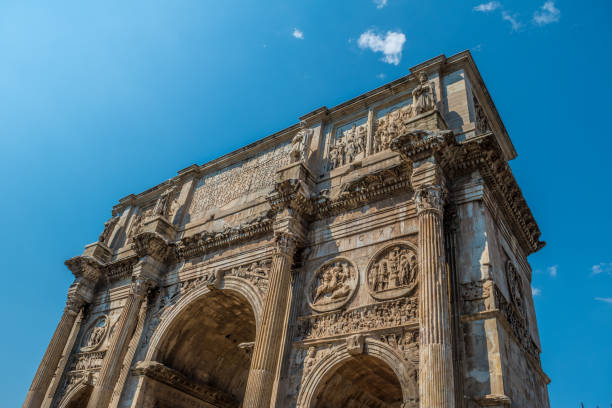 Arch of Constantine is a triumphal arch of Rome built by order of the Roman Senate to commemorate Emperor Constantine's victory over Maxentius at the Battle of the Milvian Bridge in 312. Located between the Colosseum and Mount Palatine, the arch was opened in 315. Under it passed the Via Triunfal, the route followed by the great generals and Roman emperors in their triumphs