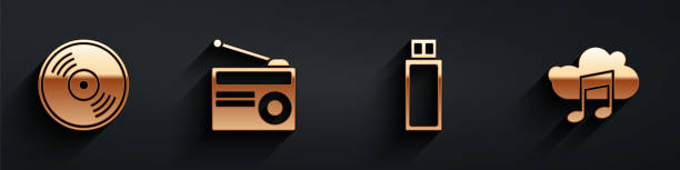 ilustraciones, imágenes clip art, dibujos animados e iconos de stock de establecer disco de vinilo, radio con antena, unidad flash usb e icono de servicio de transmisión de música con sombra larga. vector - usb cable usb flash drive flash memories