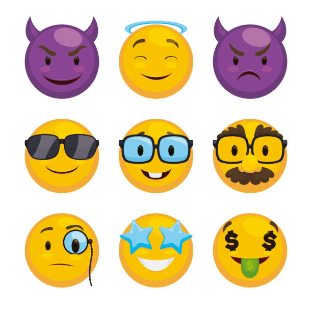 Set of Emojis Wearing Different Accessories to Express Mischiefs or Pranks Set of emojis wearing accessories: mischievous and frowning devil disguise, angel halo, cool face with sunglasses, nerdy face, Groucho glasses, wearing a monocle, star eyes and money expression. groucho marx disguise stock illustrations