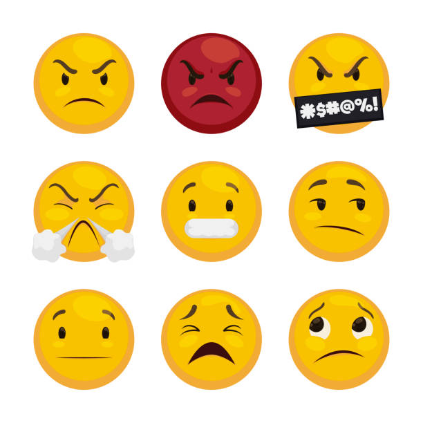 Emoji Set to Express Exasperation, Anger and Intense Fury Beware with this set of emojis with bad feelings and bad temper: angry, furious, cursing and swearing, anger with steam clouds, grimacing, disinterested, serious, weary and face with rolling eyes. blush emoji stock illustrations