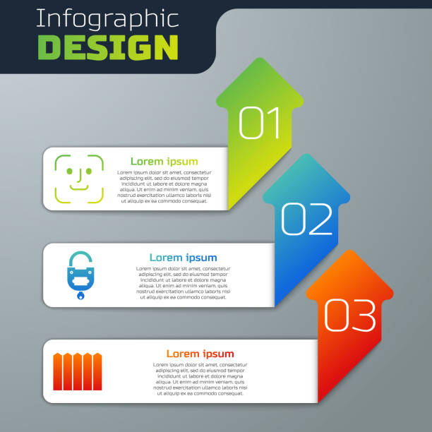 illustrazioni stock, clip art, cartoni animati e icone di tendenza di imposta il riconoscimento facciale, la serratura e la chiave e la recinzione del giardino in legno. modello infografico aziendale. vettore - business document achievement farm