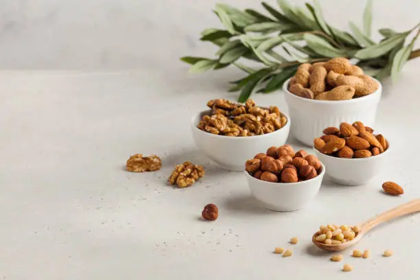 Photo of Assorted nuts. The dried nuts, hazelnuts, almonds, walnuts and others. Healthy food, healthy snacks. Copy space.