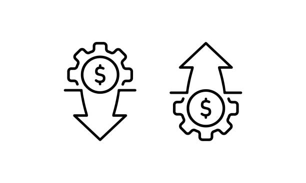 kostenoptimierung und produktionseffizienz, kostenmanagement-symbol. reduzieren, preis senken. inflationszeichen. vektor auf isoliertem weißem hintergrund. eps 10 - high efficiency stock-grafiken, -clipart, -cartoons und -symbole