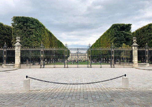 Paris : Luxembourg garden entrance, rue Auguste Comte, near Port Royal quarter. Paris, France. August 1, 2020