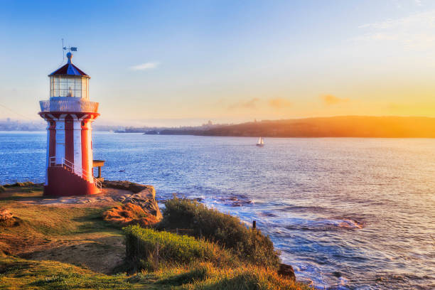 Historic Hornby lighthouse at Sydney South head facing rising sun on Pacific coast entrance to Harbour.