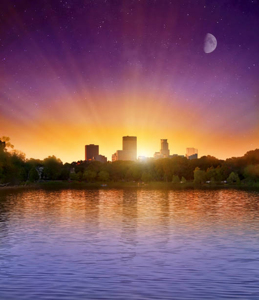 Minneapolis Skyline and lake at sunset