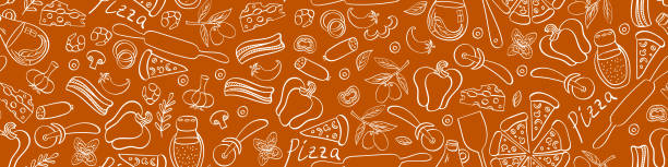 Pizza hand drawn seamless border Pizza with ingredients and supplies hand drawn seamless border. Food doodles on brown background. Vector illustration. pizza designs stock illustrations