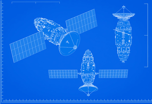 3d rendering satellite dish blueprint with scale on blue background