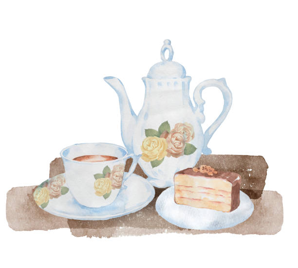 케이크와 차 - black tea dishware plate cup stock illustrations