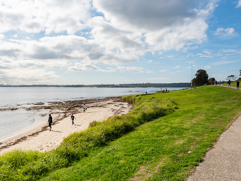 Sydney NSW Australia July 9th 2020 - Monument Track in Kurnell and Botany Bay Background blur on a sunny winter afternoon