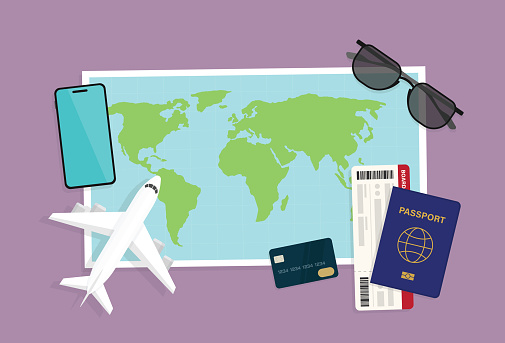 Airplane, Mobile phone, Passport, Boarding pass, Credit card, Map, Travel, Holiday