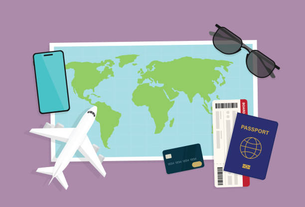 Tourists plan a trip on vacation Airplane, Mobile phone, Passport, Boarding pass, Credit card, Map, Travel, Holiday travel stock illustrations