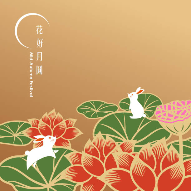 mid autumn lotus und kaninchen - lily pad bloom stock-grafiken, -clipart, -cartoons und -symbole