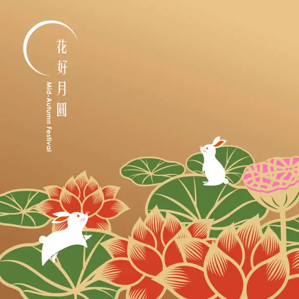 Vector illustration of Mid Autumn Lotus and Rabbits