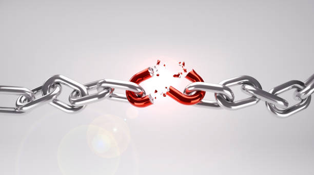 3d illustration Broken Chain with Red Weak Link stock photo