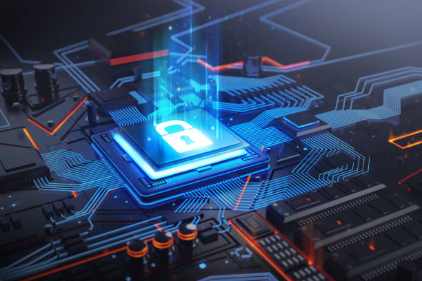 Glowing Blue Circuit With Security Lock 3d illustration stock photo