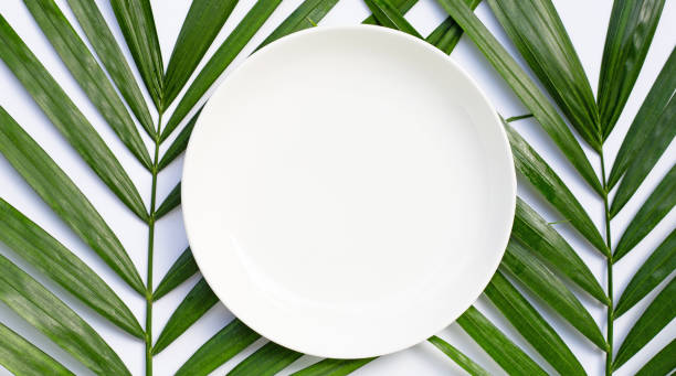 istock Empty white ceramic plate on tropical palm leaves on white background. Top view 1263281203