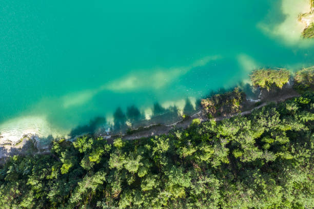 istock blue quarry lake and green forest ashore. view from above on sunny day 1263285645