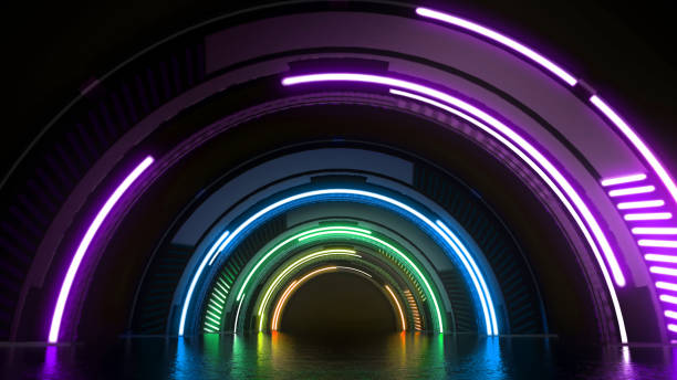 istock Futuristic virtual technology tunnel with colorful lights abstract background 1263287608