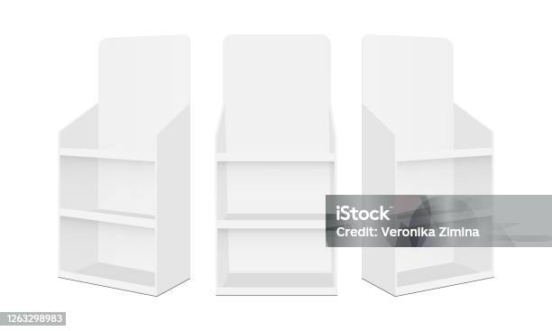 Blank Pos Display Stands With Shelves Isolated On White Background - Arte vetorial de stock e mais imagens de Vitrina