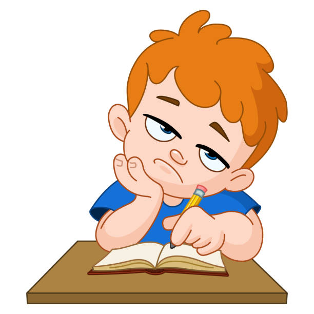 Bored schoolboy Bored school boy with hand on face sitting at desk writing in his notebook bored children stock illustrations