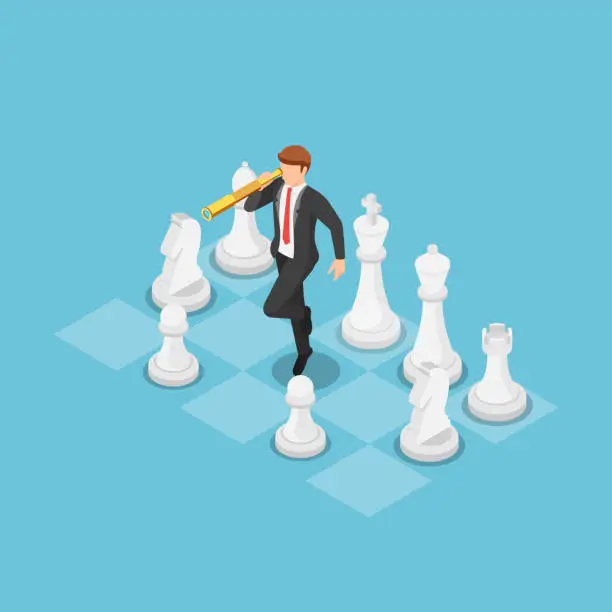 Vector illustration of Isometric businessman using telescope and standing on chess board