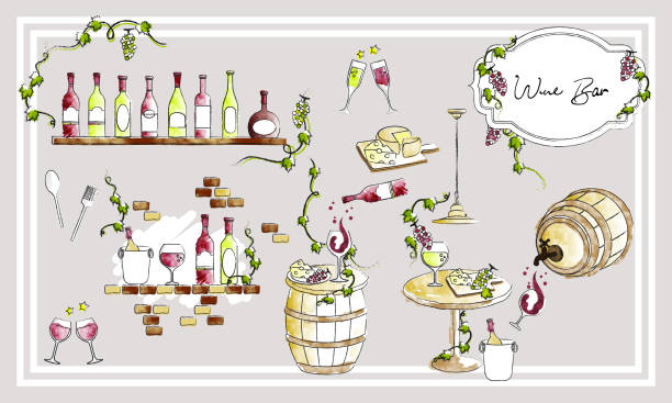 ilustraciones, imágenes clip art, dibujos animados e iconos de stock de conjunto de materiales de ilustración vectorial de vino de estilo analógico de acuarela dibujada a mano - wine wine rack liquor store bar