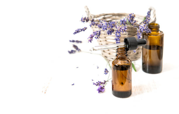 istock Lavender oil dried flowes white background 1263308239
