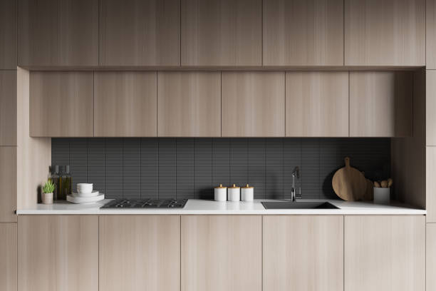 istock Wooden countertops in grey kitchen 1263308967
