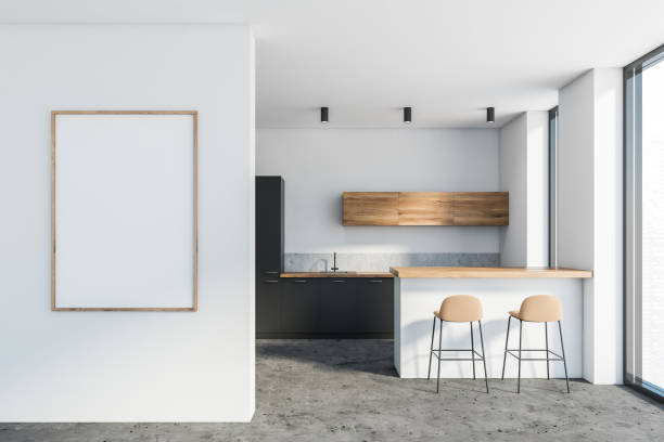 istock White and grey kitchen with bar and poster 1263311903